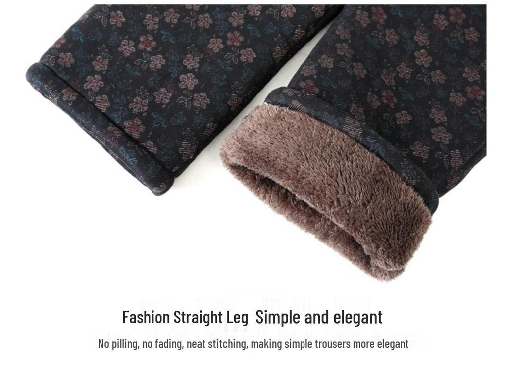Women's Plus Size Warm Cotton Pants - Elastic Waist, Comfortable, Loose, Printed, Winter, Middle-Aged & Elderly 