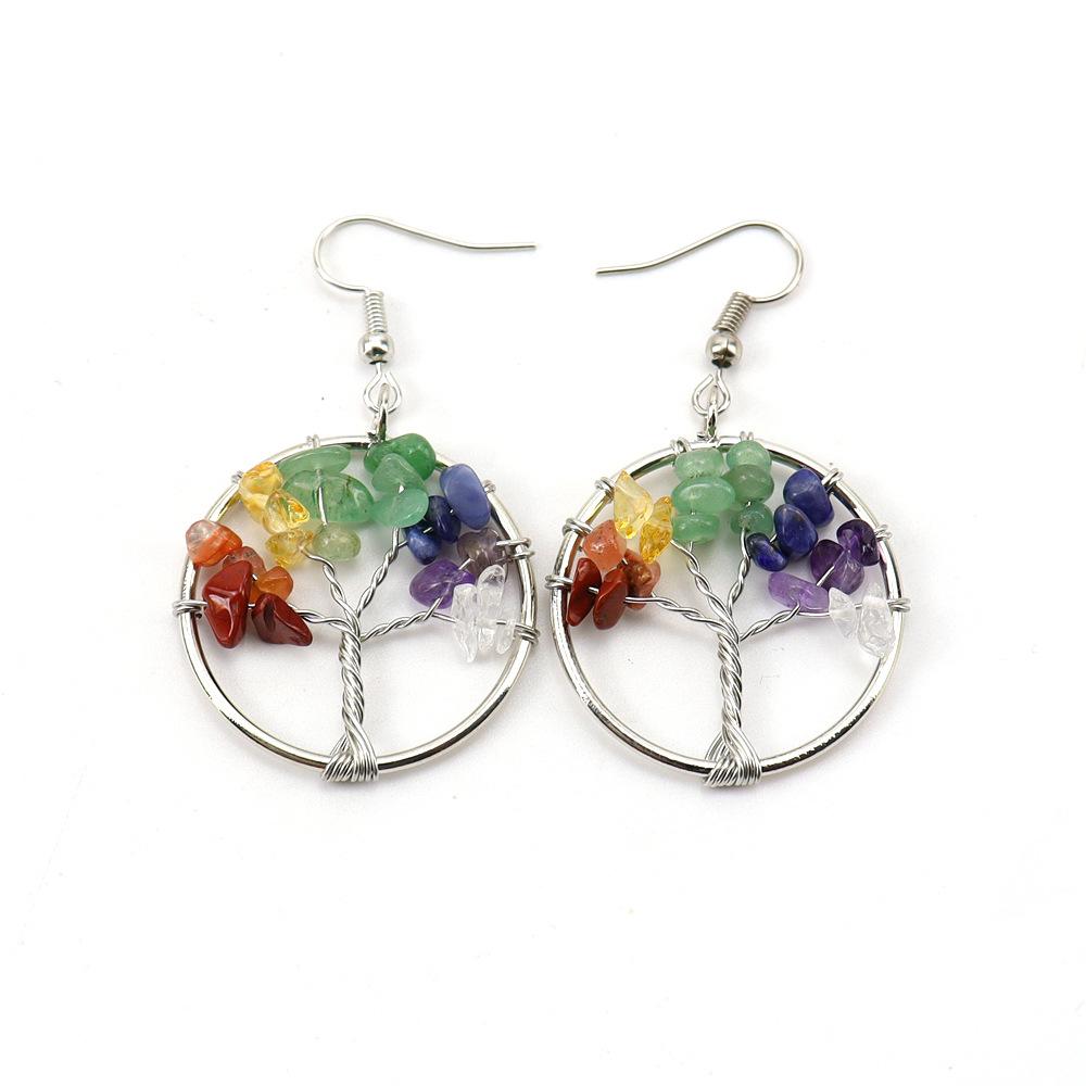 Tiktok Straight Hand Winding Silver 3Cm Natural Crystal Gravel Tree Of Life Lucky Tree Earrings Earrings E71