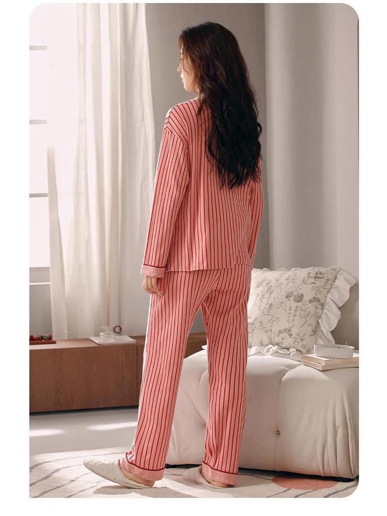 Women's Plus Size Striped Pajama Set with Chest Pads - Long Sleeve & Pants, Korean Style Cardigan for Indoor & Outdoor Wear, Spring/Autumn