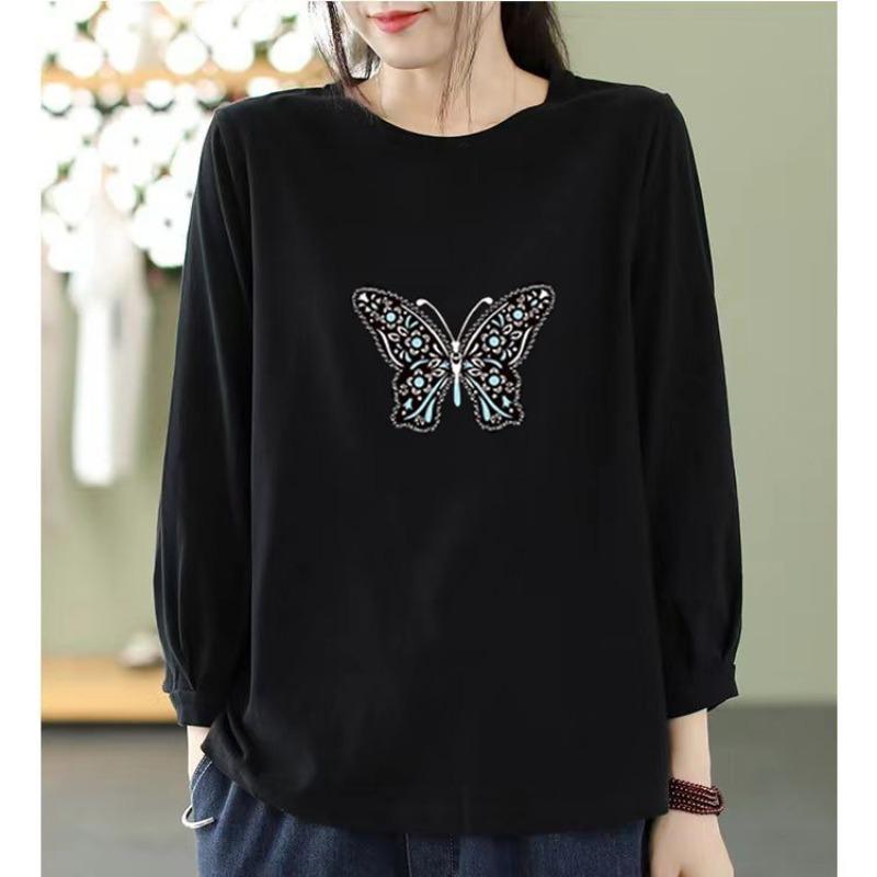 

Футболка с принтом из хлопка с рукавами для женщин, весна-осень, корейская версия, однотонная, свободная, свободного кроя, утягивающая, с круглым вырезом и средними рукавами 4XL