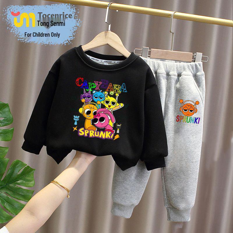 Sprunki Rhythm Box Kids' Plus Velvet Hoodie Set, Unisex, Warm Two-Piece for Autumn/Winter
