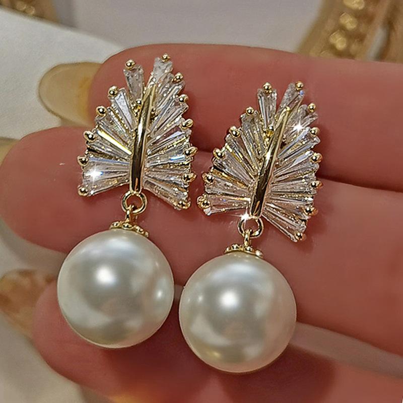 Baroque Style Imitation Pearl Earrings, Exquisite Wheat Zircon Earrings, Shiny Temperament Women'S Earrings Women