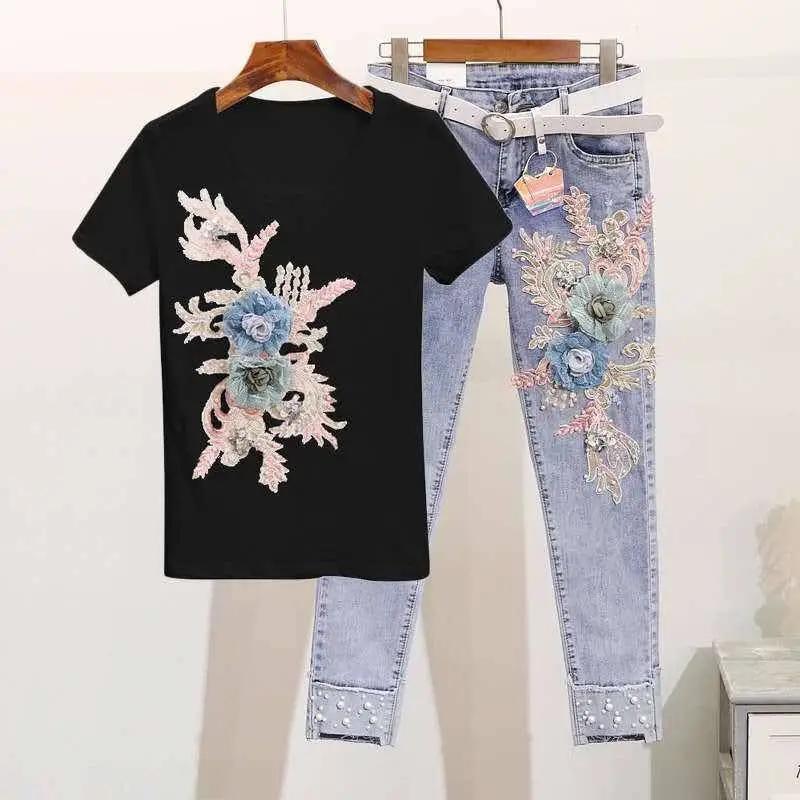 

Women s Summer Personalized Set Design Embroidery Short Sleeve T-Shirt + Small Feet Hole Breaking Jeans Two Piece Set XXS чёрный