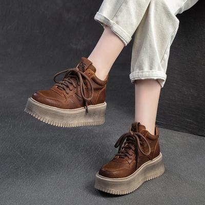 Modne GKTINOO 2024 Wiosna Nowe Płaskie Buty na Platformie z Prawdziwej Skóry Retro Okrągły Nosek Sznurowane Damskie Gruba Podeszwa Podwyższane Buty