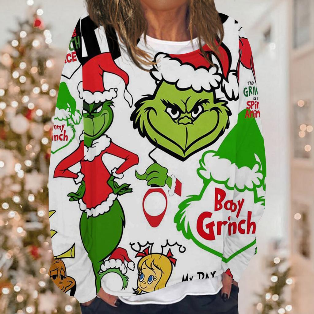 Damen Casual Fashion Weihnachten Bedrucktes Langarm-Sweatshirt mit O-Ausschnitt Lagenpullover