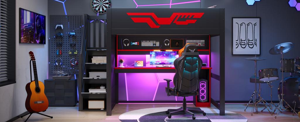 Gaming Loft Bed (140 X 200 Cm) with Desk, Stairs with Storage, LED Lighting and USB Port, Black