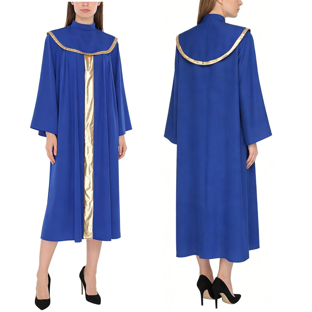 Complete Priest Cleric Costume Robe for Women S-XXL: Mock Neck Cassock with Metallic Patchwork Collar & Flared Sleeves