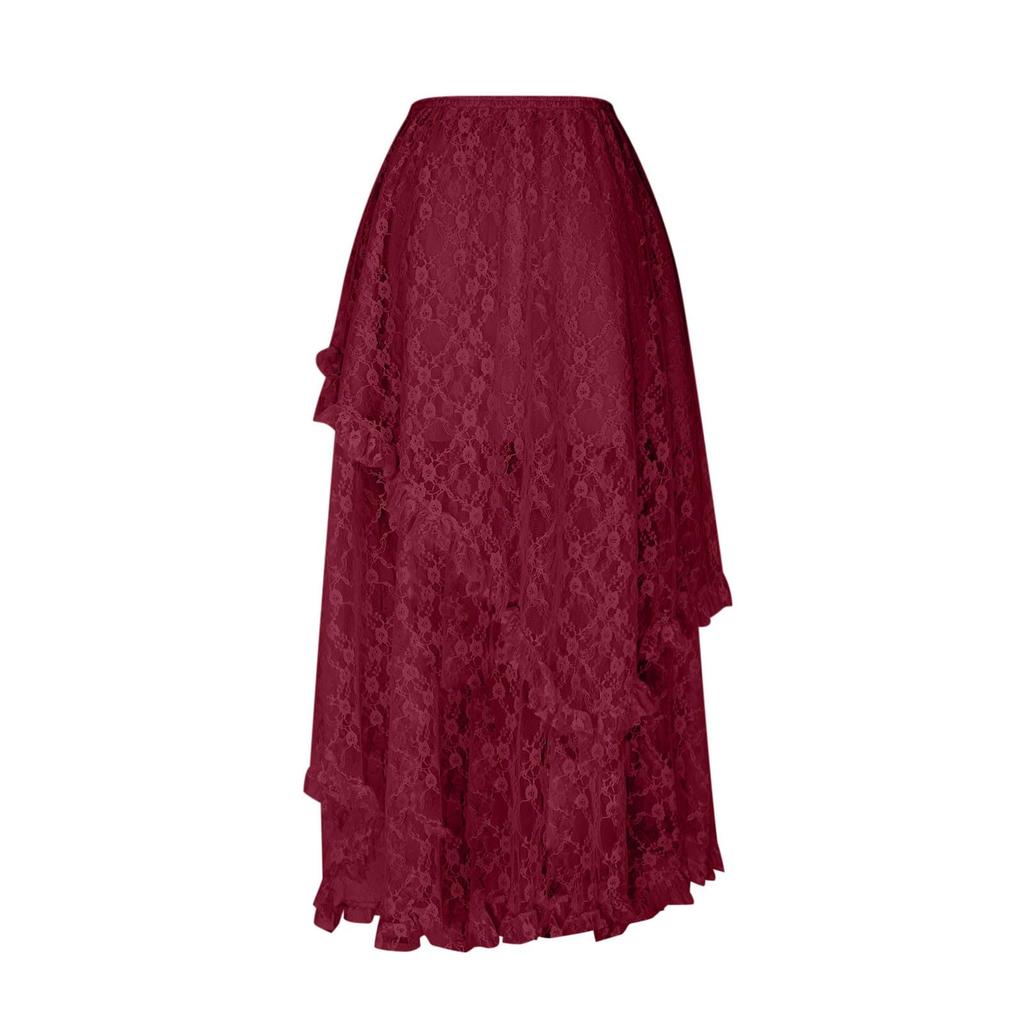 Women's High Waist Layered Ruffle Hem Maxi Skirt Asymmetrical Bohemian Style Lace Overlay Flowy Long Skirt for Casual Wear