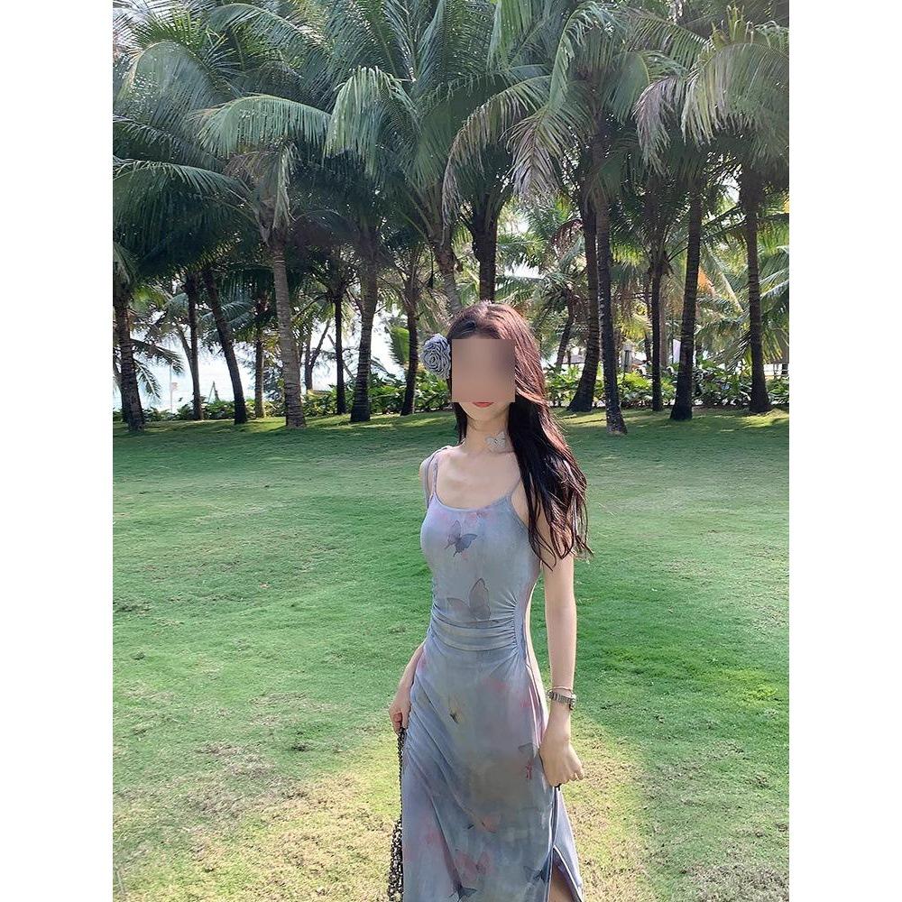 

Butterfly Mesh Oil Painting Spaghetti Strap Slit Bodycon Dress for Summer Beach Vacation Large