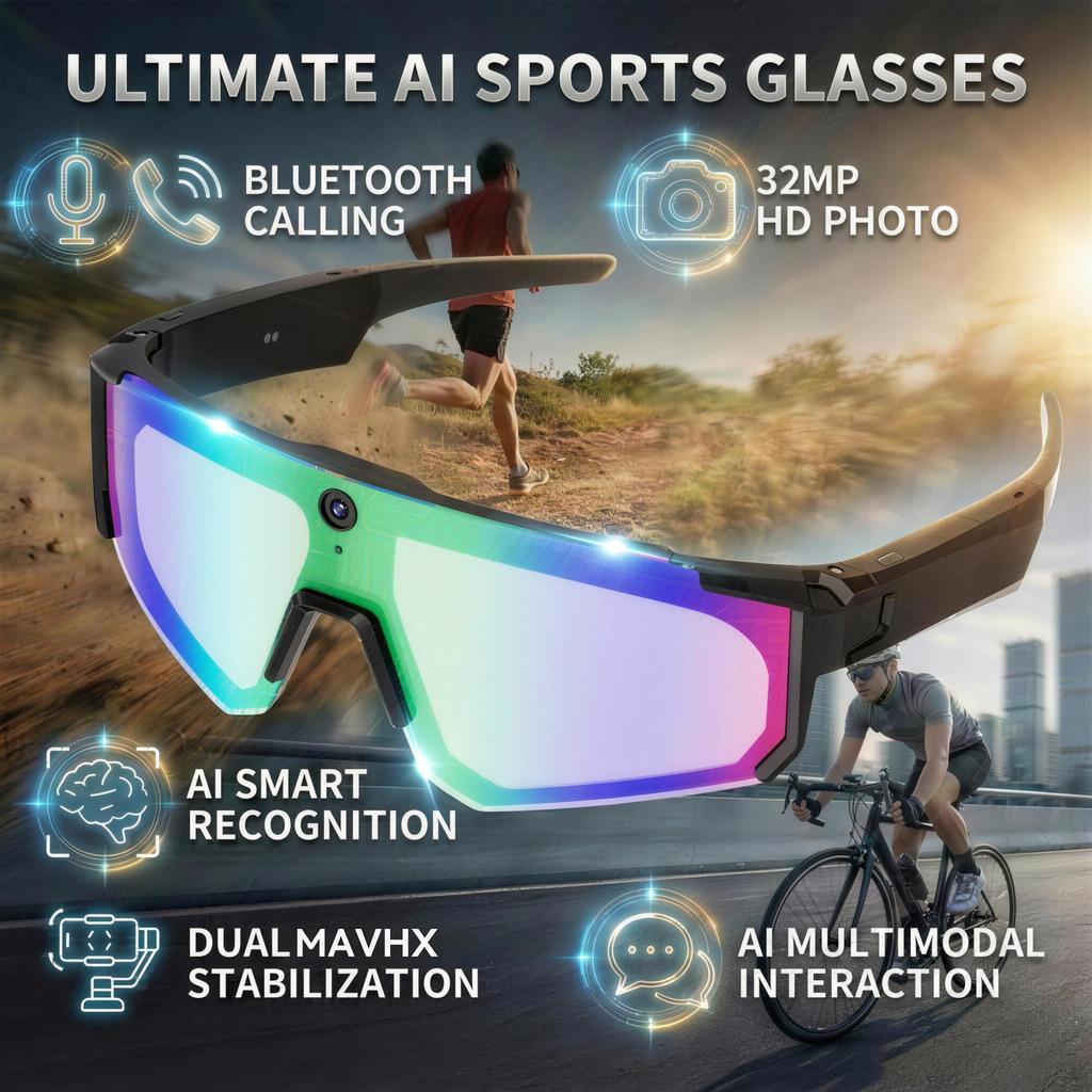 New 800W HD Smart Glasses 32GB Anti-Shake Camera Glasse Video Record AI Translation Sport Sunglasses Driving IP66 Goggles Bluetooth Playback Unisex