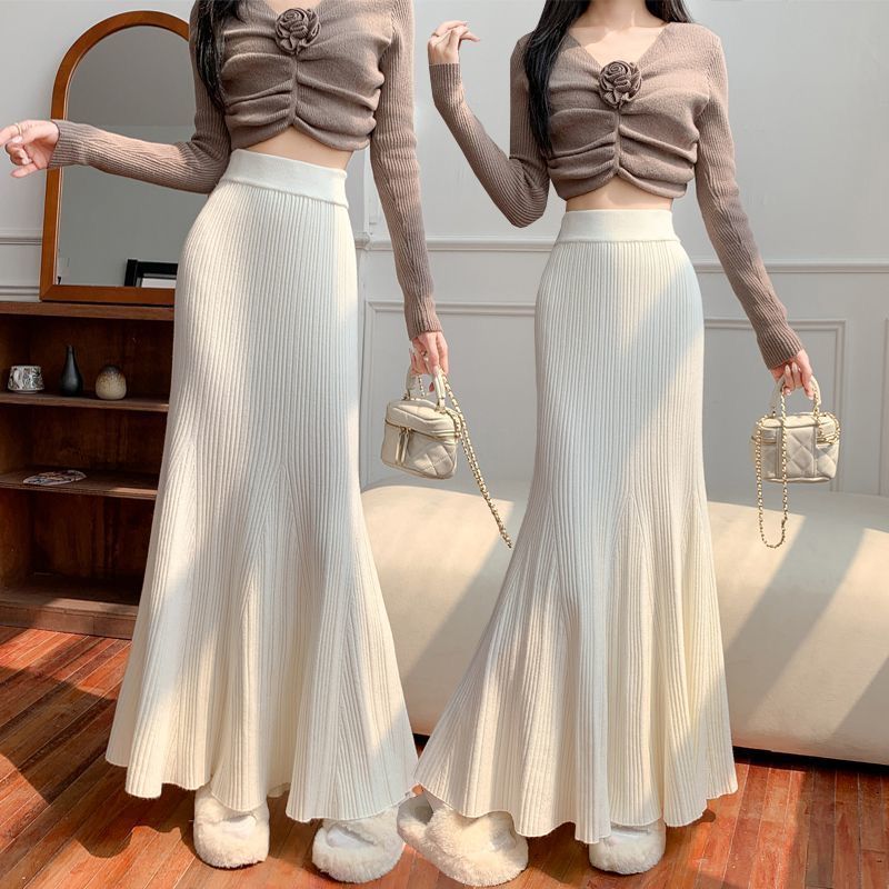 

Вязаная юбка-русалка с высокой талией, облегающая фигуру, осенне-зимняя, стройнящая, элегантная, драпированная, длинная юбка 3XL белый