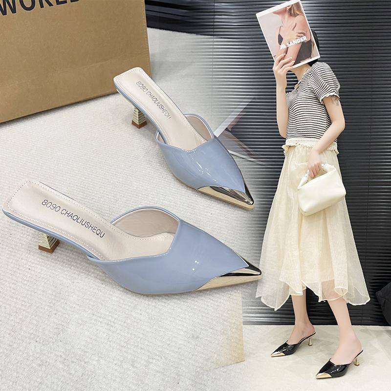 Fashion High-Heeled Shoes Lady Cover Toe Womens Slippers Outdoor Slides Shallow Female Mule Thin Mules Pointed Pumps Shoes Woman 2025 Po