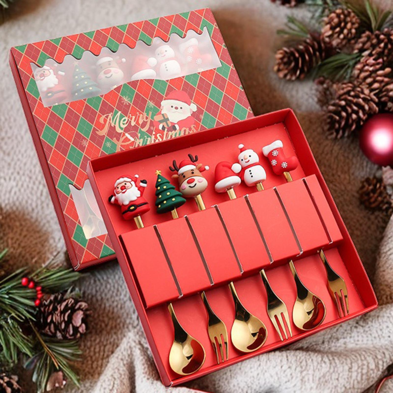 6 Piece Christmas Cutlery Set Stainless Steel Dessert Spoons Forks Stainless