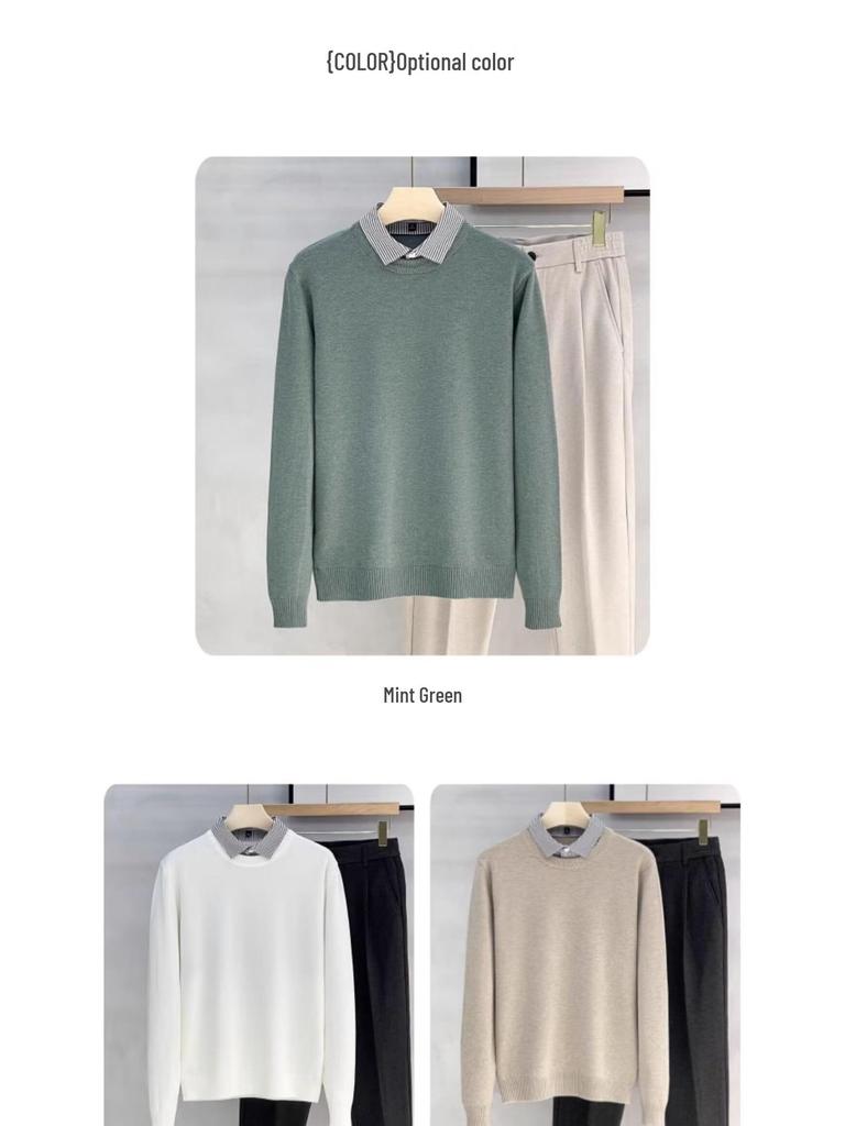 Men's High-End Faux Two-Piece Striped Sweater with Shirt Collar - Versatile Knit Base Layer for Autumn/Winter.