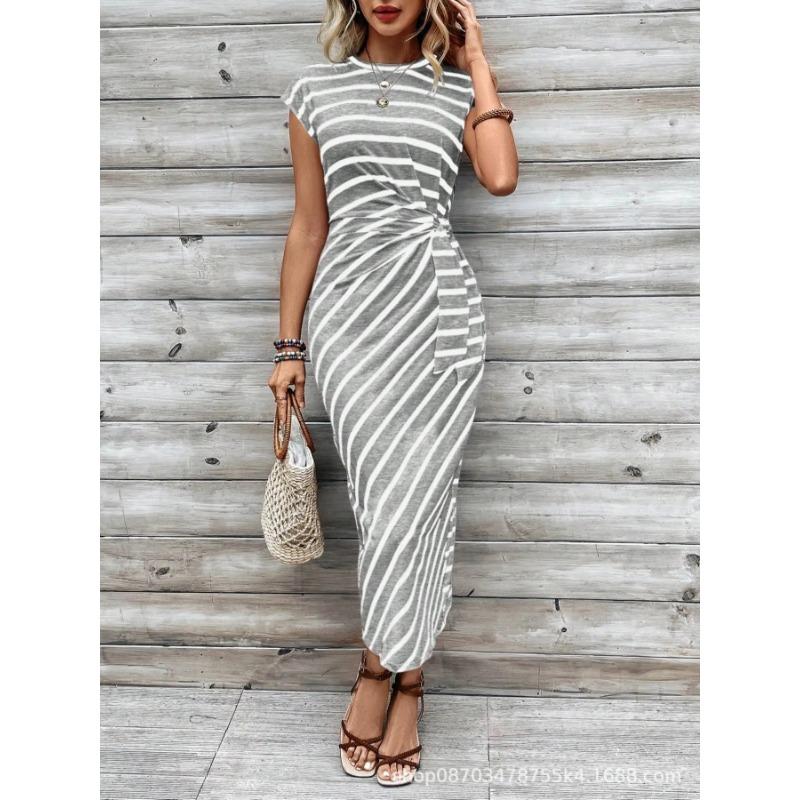 Elegantes Taillenband Gestreiftes Kleid Kurzärmelig Rundhals Schlanke Passform Lässig Sommerkleid Party Bodycon Damen Schnürung Bedruckte Kleidung
