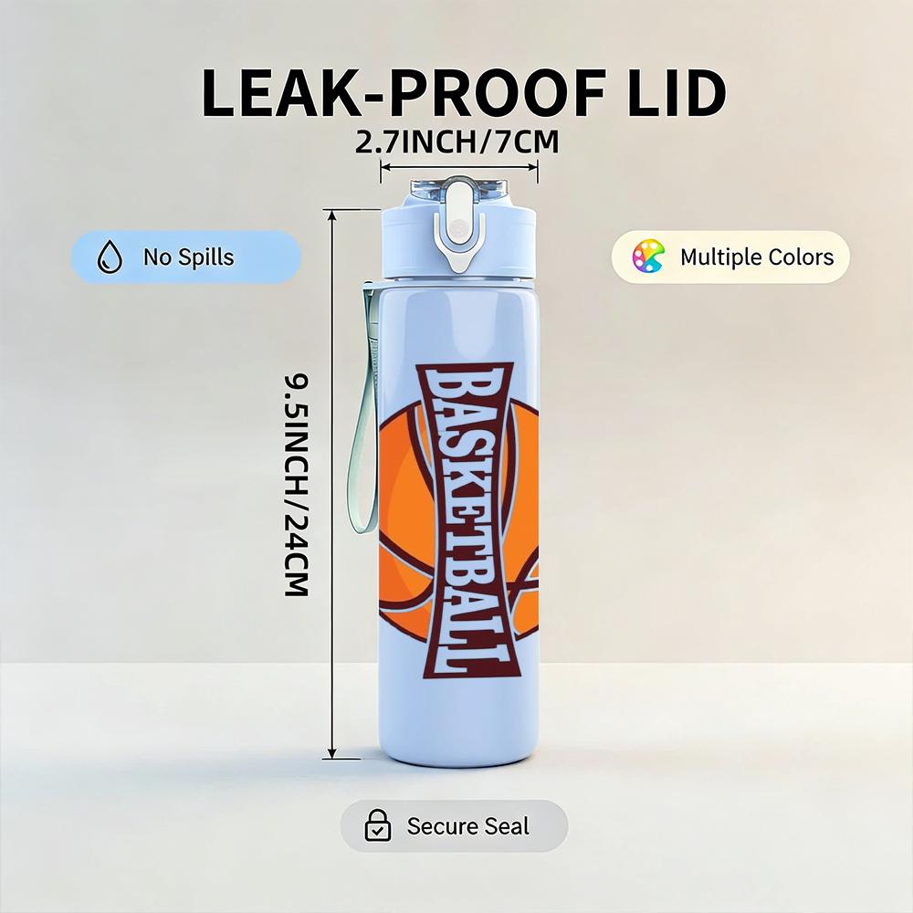 1PC Basketball Banner Emblem 750ml Color Plastic Sports Water Bottle Leakproof Flip Straw Lid Suitable for Sports Office Home Use