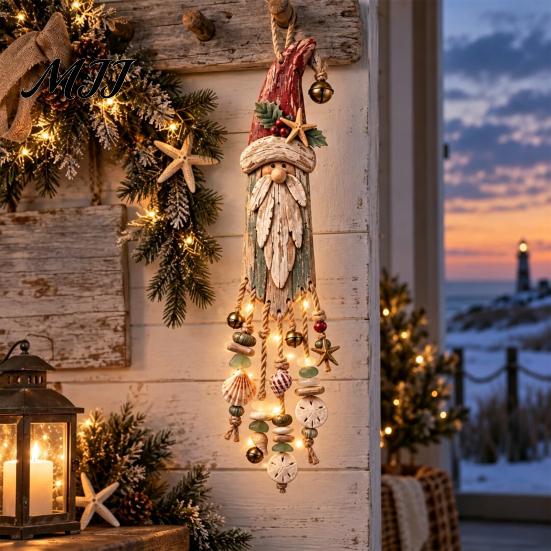 Coastal Style Christmas Window Light Santa Wooden Wall Hanging, LED Lighted Ornament with Rustic Ocean Flair Holiday Seashell, Starfish &