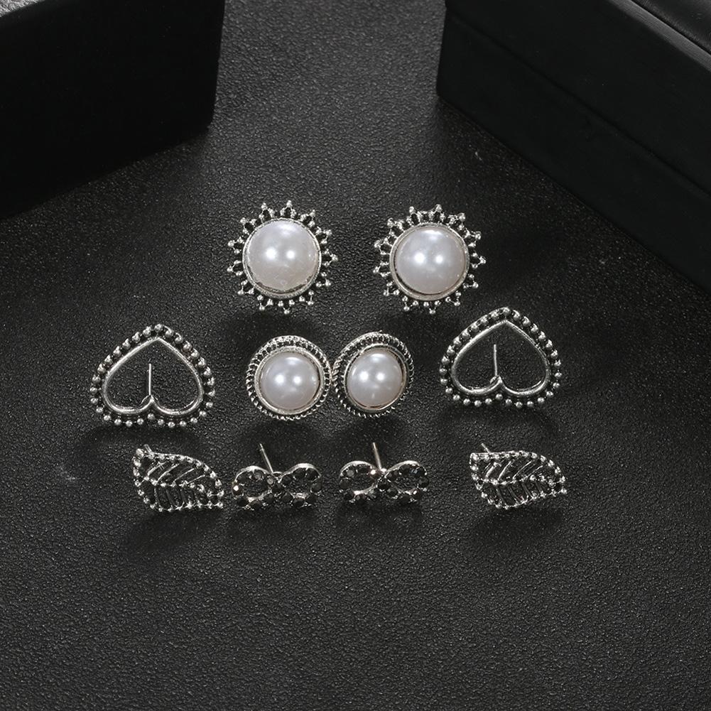 5 pairs Vintage Ear Studs Alloy Imitation Pearl Leaf Earrings Eardrop Gift for Women