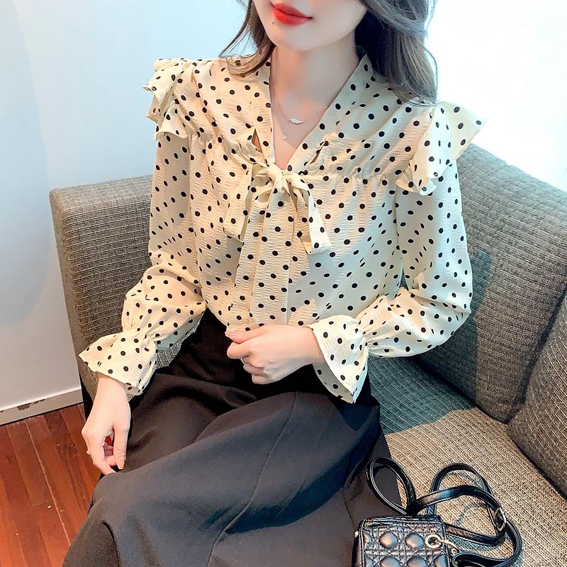 Fashion New 2024 Autumn Long Sleeve Bow Collar Casual Ruffles Dot Chiffon Blouse Shirt Women Tops Blouses Shirts J565