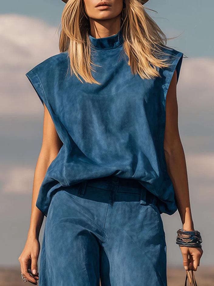 2026 Western Style Sleeveless Suede Plush Wide-Leg Tapered Suit