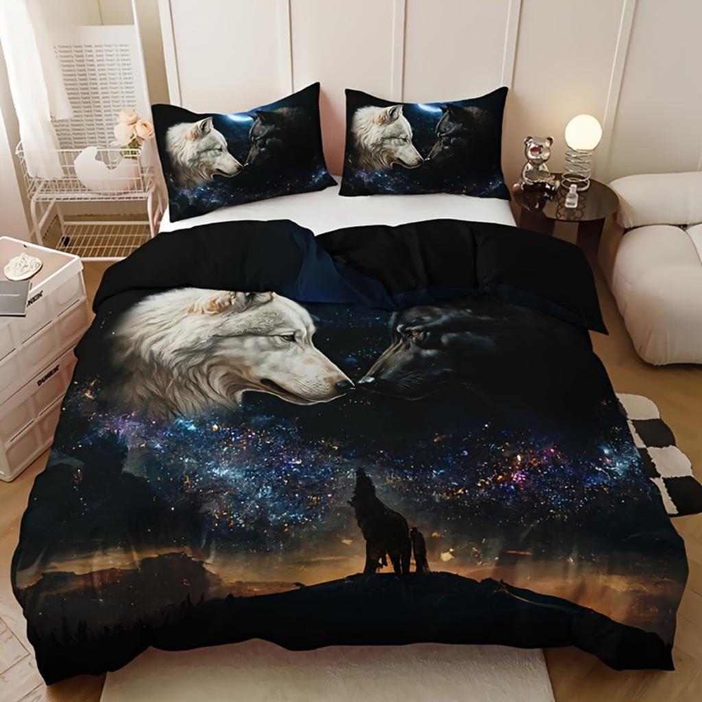 3pcs Night White Wolf 3D Printed Bedding Set Cozy Comfortable Duvet Cover King Queen Twin Size Birthday Gift Bedroom Decoration