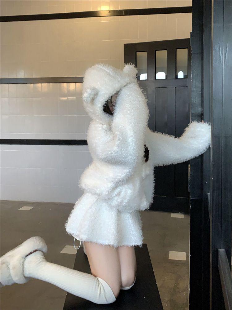 Caldo cappotto di peluche con cappuccio, orecchie da orso, latte, per bambina, invernale