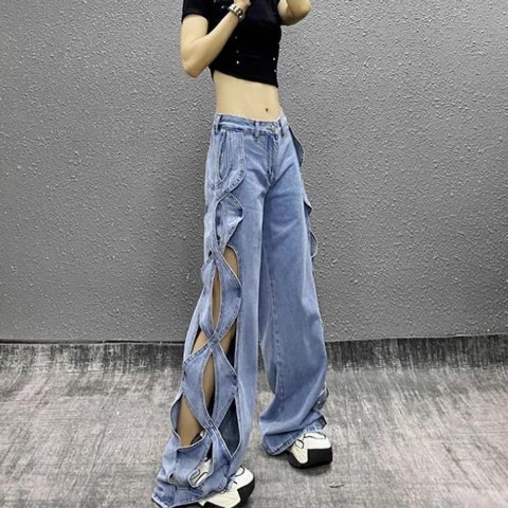 

Женские джинсовые брюки с широкими штанинами, дизайн с вырезами по бокам, потертые детали, высококлассная эстетика, свободные универсальные брюки прямого кроя XL
