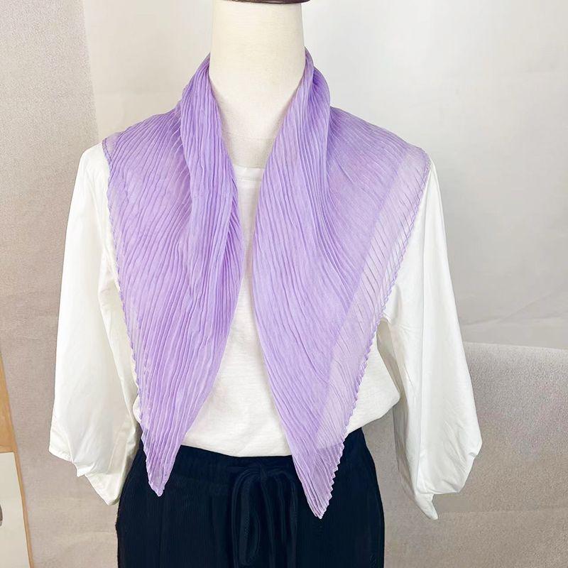 Women's Pleated Solid Color Small Square Scarf | Purple Neck-Protecting Silk Scarf Professional Spring-Autumn Scarf Decorative Neck Wrap for Ladies