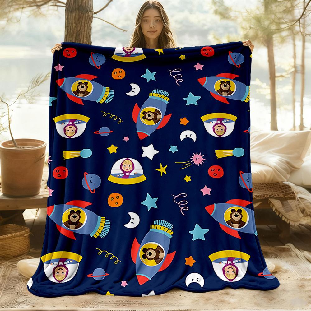 1 buc. Pătură de exterior Masha și Ursul, Flanelă ușoară, Moale și călduroasă, Utilizare în toate anotimpurile pentru canapea, în aer liber, camping, living, birou, scaun
