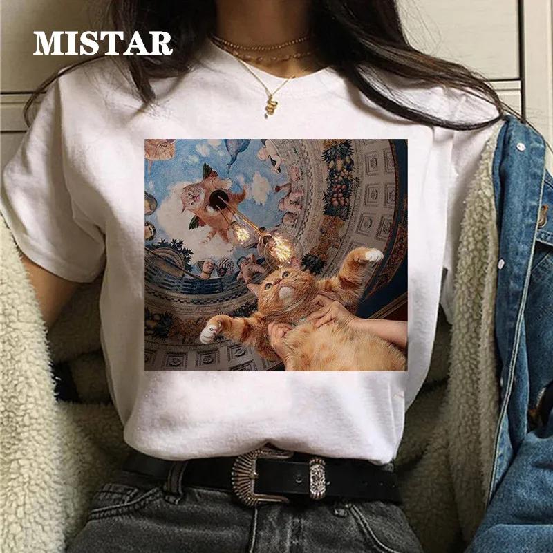 T-shirts Women Cat Oil Painting Printed Funny Graphic Tee Shirt Summer Short Sleeve Casual White Tops Harajuku Clothing