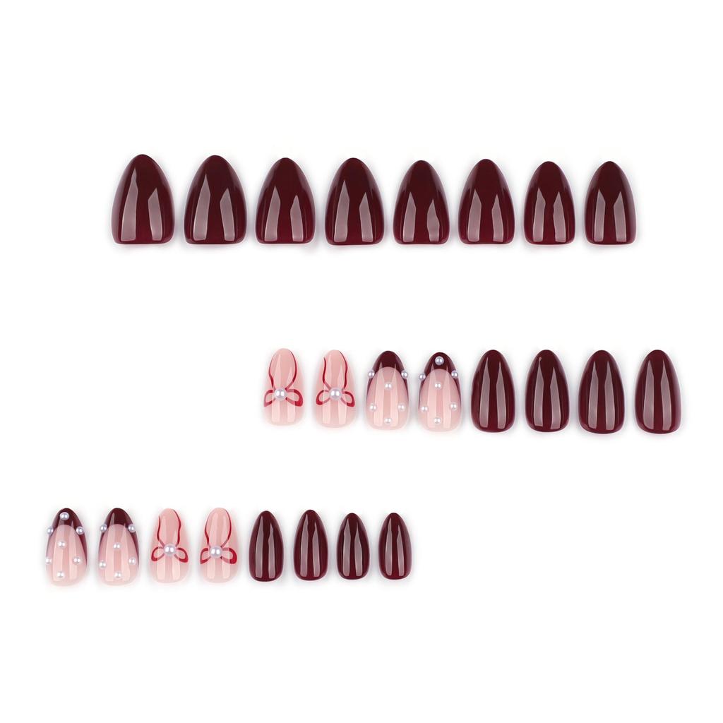 Red Almond-Shaped Wearable Nails with Bow - Short French Style for New Year
