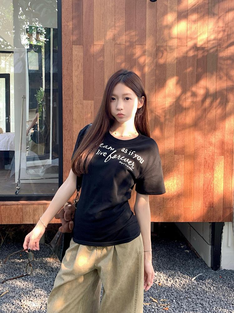 Chic Waist and Thin Letter Print Short-sleeved T-shirt Women's Summer New Casual Versatile Student Top Tide
