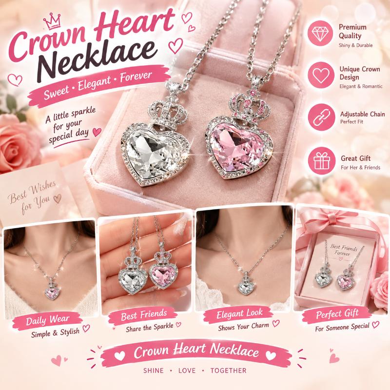 Crown Heart Shape Crystal Pendant Necklace Sweet Girly Elegant Shiny Clavicle Chain Daily Versatile Women Neck Jewelry
