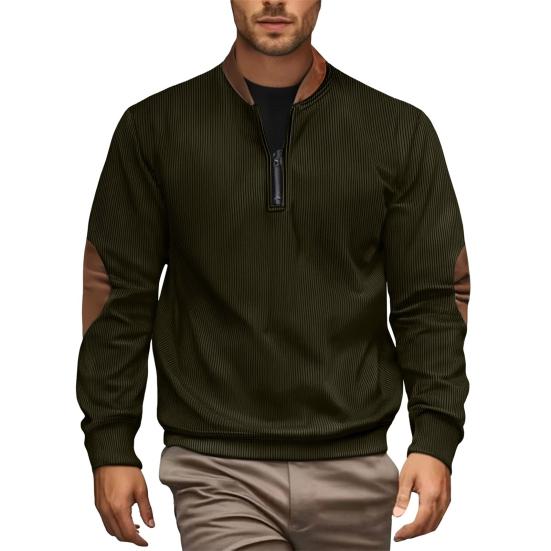 Men Sweatshirt Half Zipper Plaid Stand Collar Elbow Decoration Pullover Tops Long Sleeve Jacket Work Date Wear