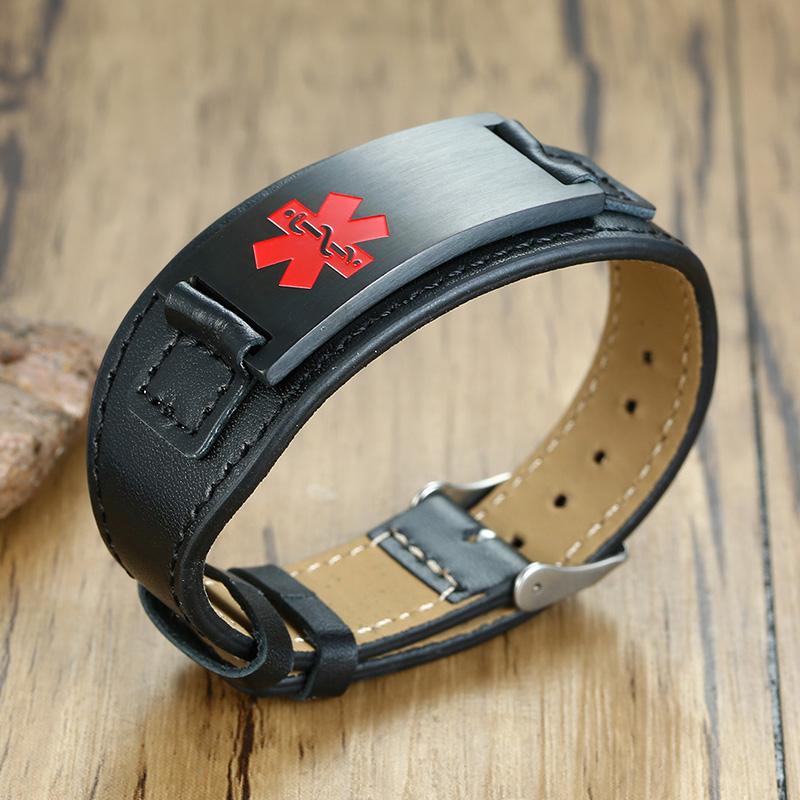 

Medical Alert Engraved Leather Bracelets Free Customize Stainless Steel ID Tag DIABETIC EPILEPSY SOS Wristband For Men Jewelry