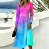 Women's Casual Print Long Sleeve V-Neck Dress with Pocket