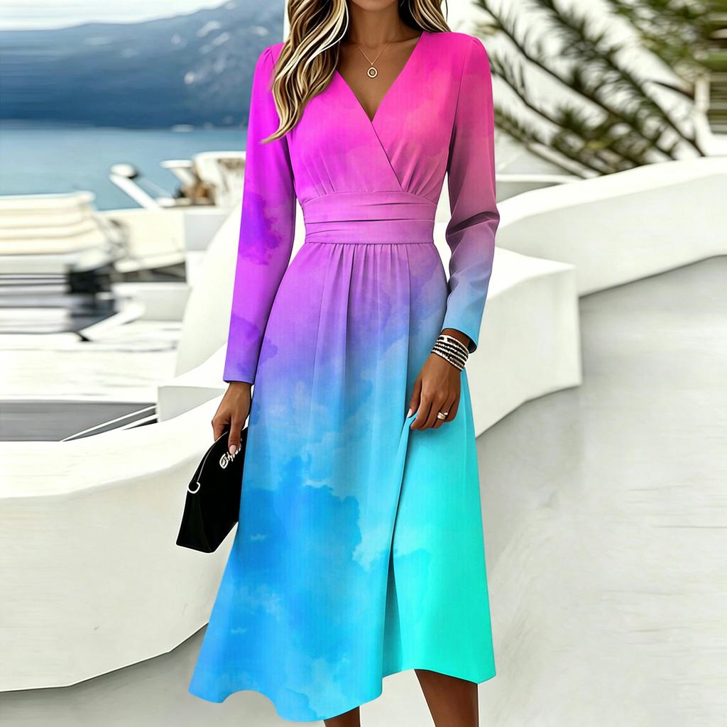 Women's Casual Print Long Sleeve V-Neck Dress with Pocket