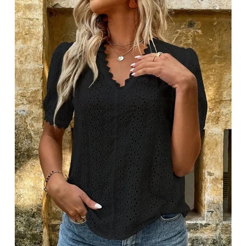 

Vintage Fashion Solid Color Blouse, Stitching Lace Petal Edge Decoration shirts, Elegant Women s Clothing XXXL чёрный