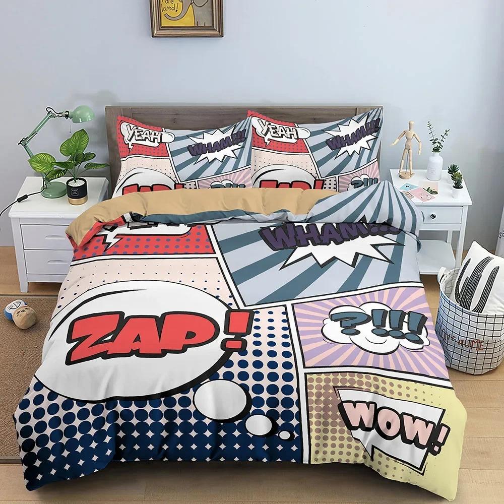 Comic Pattern Duvet Cover Queen King Cartoon Bedding Set for Boys Girls Hippie Hip Hop Rock Style Polyester Comforter Cover