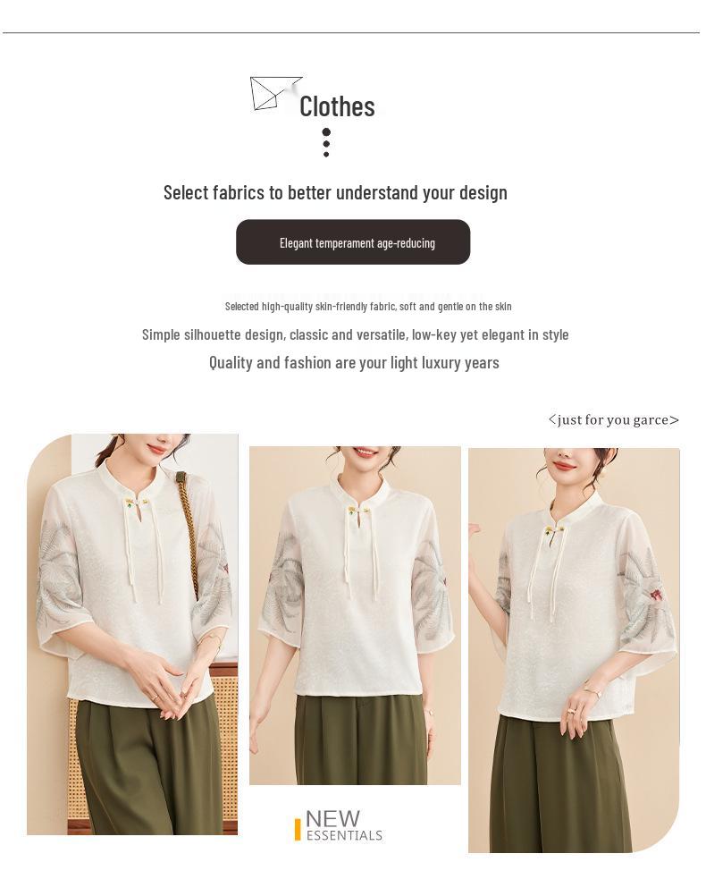 Mom's Stylish Chinese Stand Collar Chiffon Top for Spring/Summer - Seven-Sleeve Blouse for Middle-Aged & Elderly Women