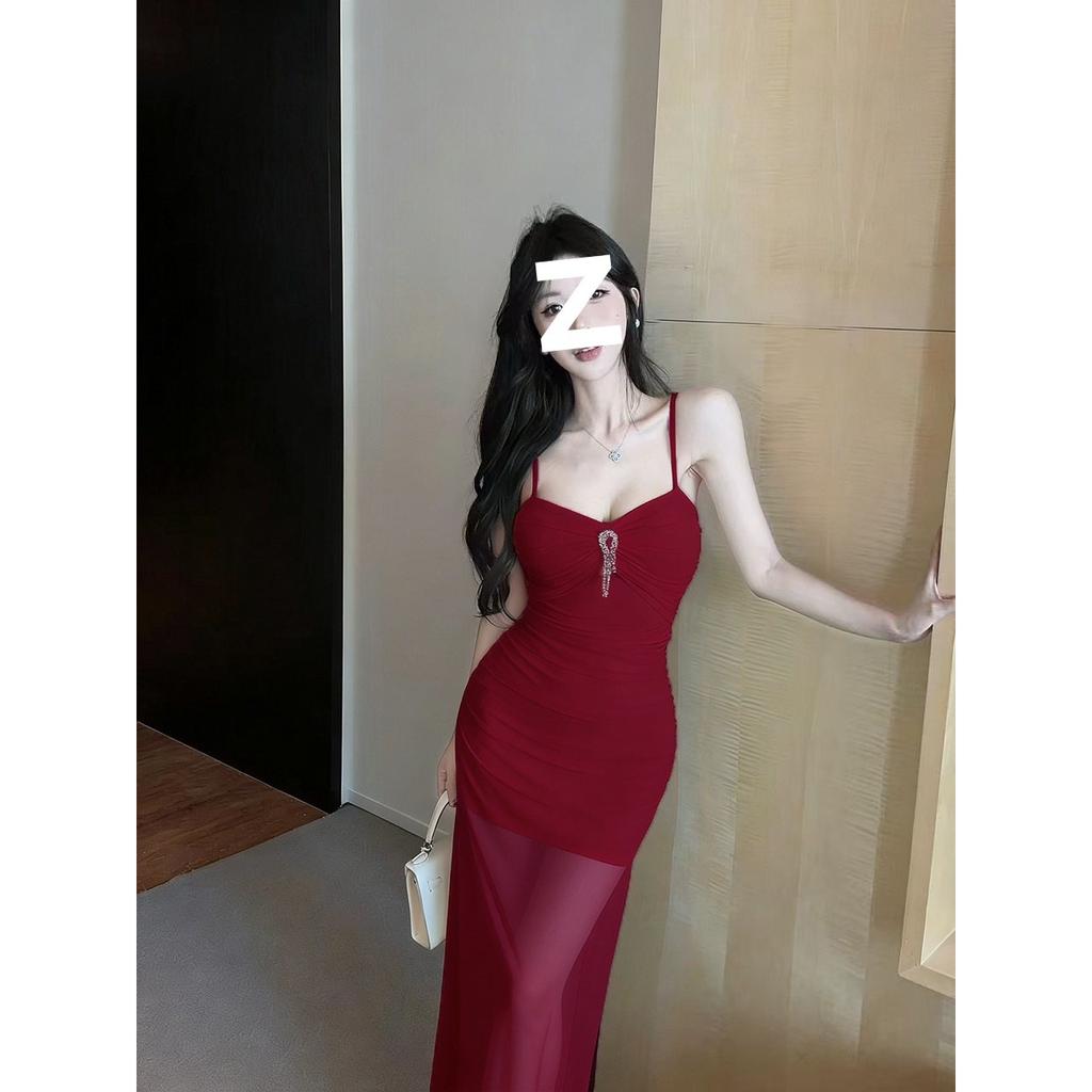 Pure desire, Spice Girl mesh suspender dress, women's summer slim-fitting waist temperament, sexy hip-wrapped fishtail long skirt