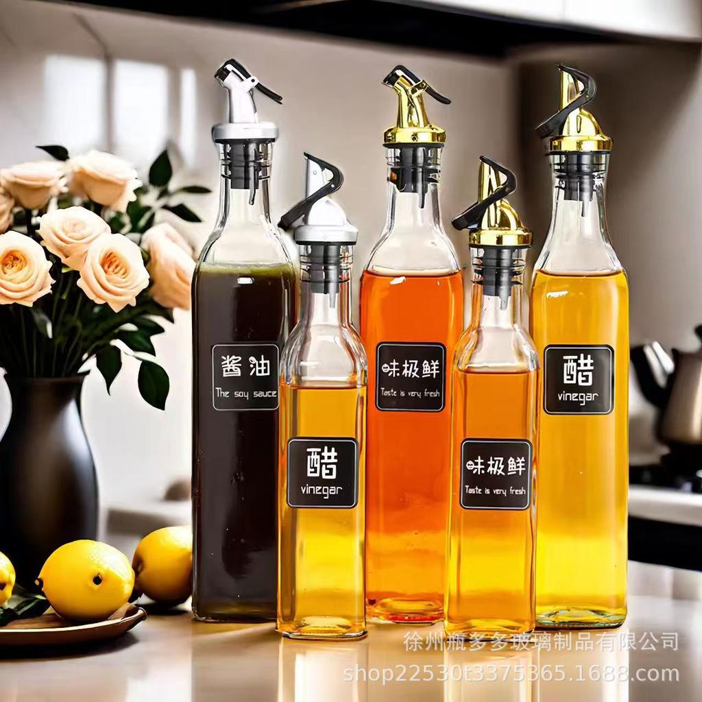 Leak-Proof Glass Oil and Vinegar Bottle Set - Square Olive Oil & Soy Sauce Dispenser