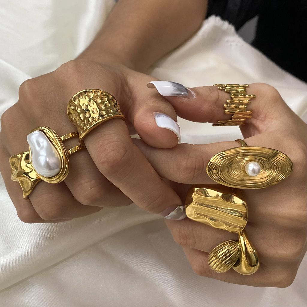 Uworld Fashion Pearl Leaf Ring Stacked Texture Strip Gold Color Adjustable Ring Women's Jewelry Gift For Her