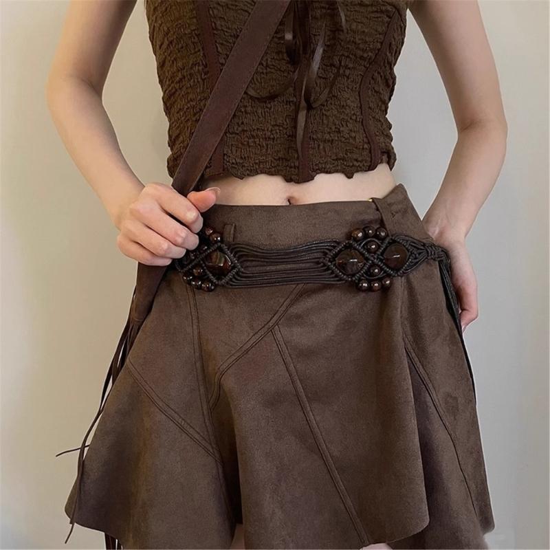 Vintage Bohemian Waist Belt Self Knotted Braided Wax Rope Waistband Dress Chain Belt Decorative Belt Women Accessories