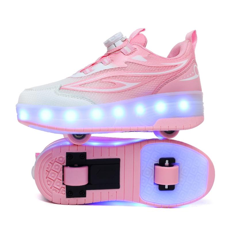

Детские двухколесные двухцелевые светодиодные перезаряжаемые светящиеся роликовые коньки, двухрядные кроссовки на роликах 33 розовый