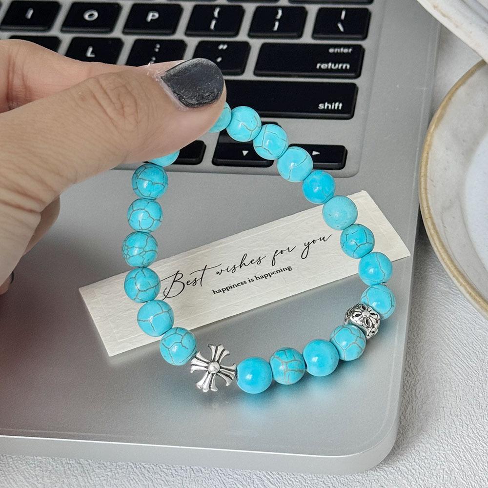 

Retro Imitation Turquoise Beaded Cross Bracelet Women S Niche High-End Feeling Stacked Wearing Cold Wind Versatile Temperament Jewelry