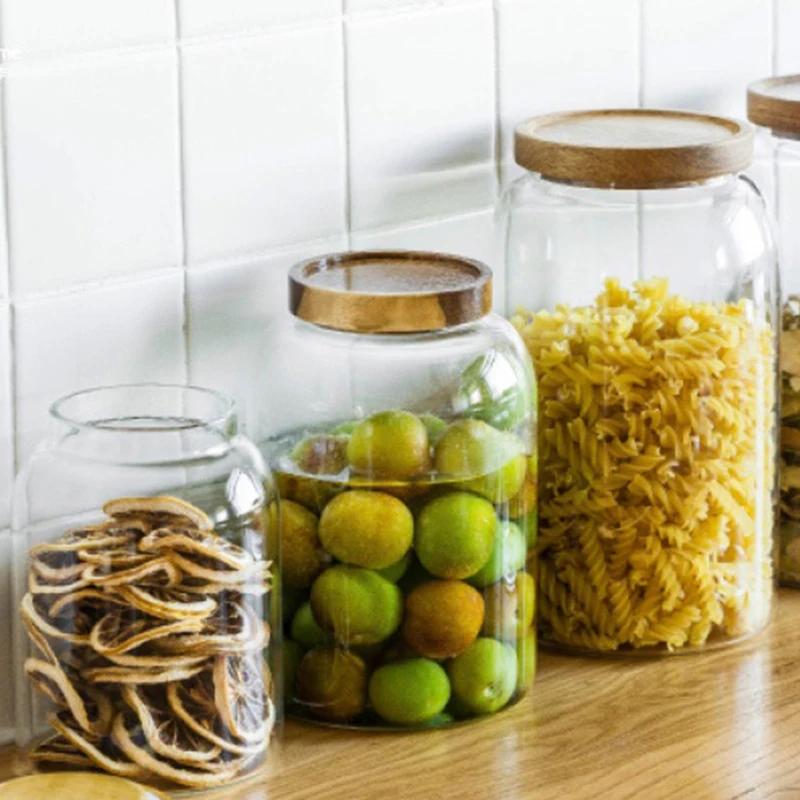  3L Kitchen Glass Jars With Acacia Airtight Lid For Flour And Sugar Baby Food Container Heat Resistant Transparent Glass