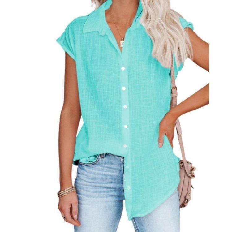 Women Casual Short Sleeve Shirt Summer Solid Color Lapel Top Single Breasted Blouse