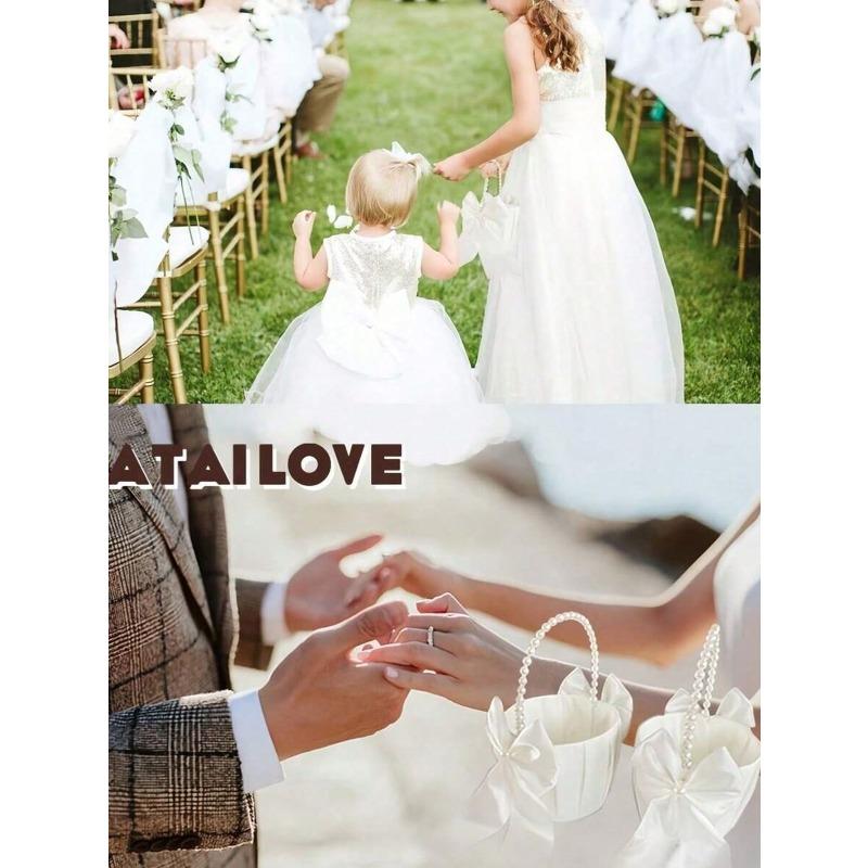 1PC Bow Faux Pearl Wedding Flower Basket - White Bow Flower Basket, Satin Flower Basket, Suitable For Wedding Party Decoration