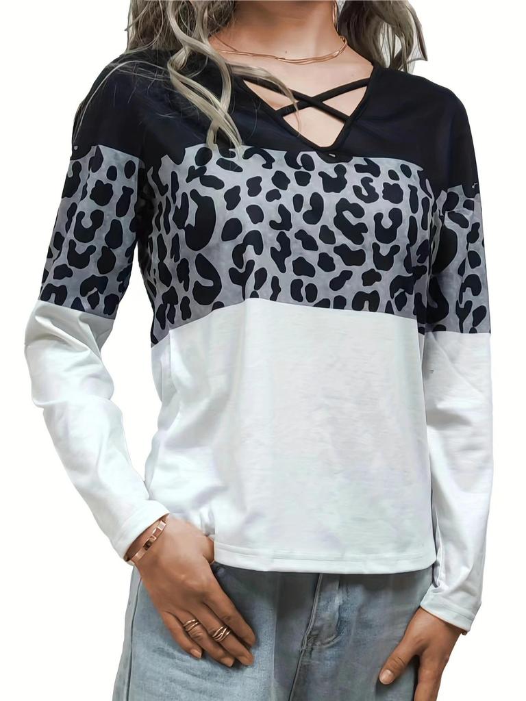 Summer 2026 Women's Leopard Print V-neck Patchwork Top